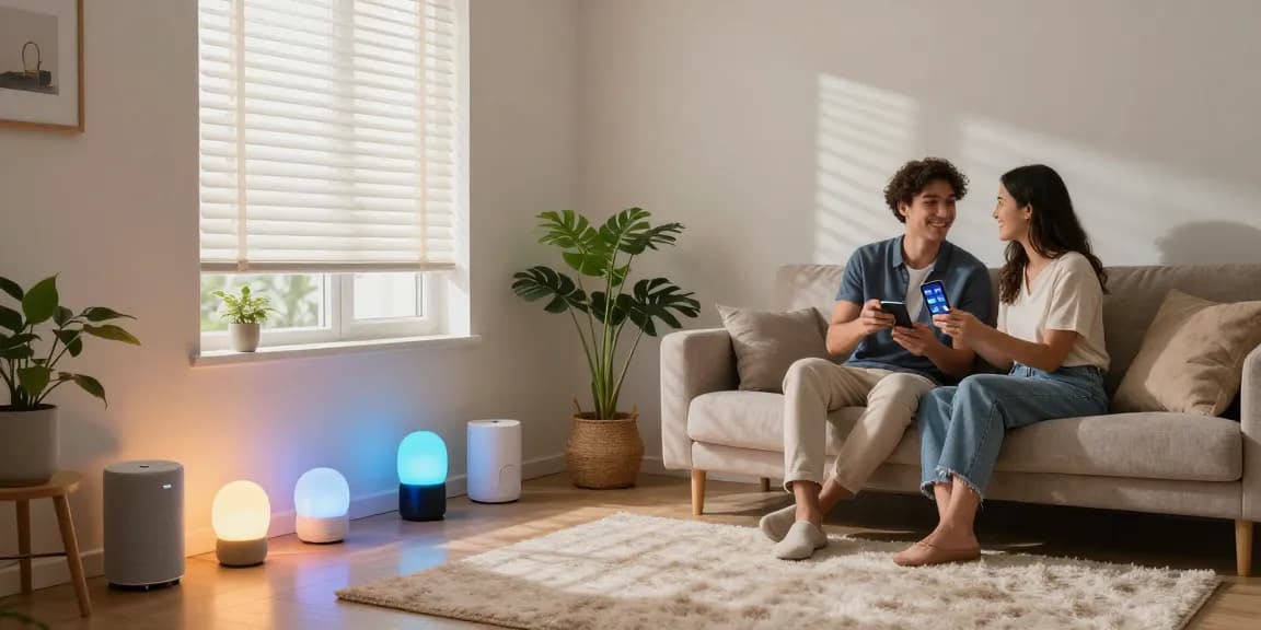Cozy living room showcasing IKEA smart home products with a couple controlling smart lights on their smartphone.