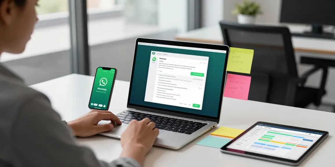 WhatsApp下載 displayed on a laptop screen in a modern office workspace.