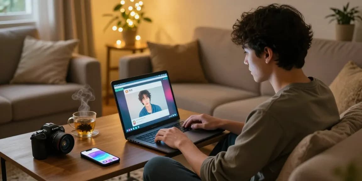 Engaging in an NSFW AI chat in a cozy room with warm lighting and modern tech.
