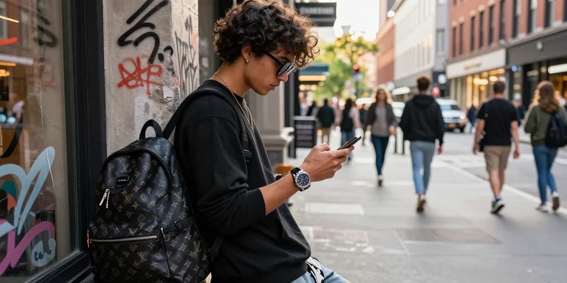 Stylish individual wearing clone watches in urban setting, showcasing luxury and street fashion.