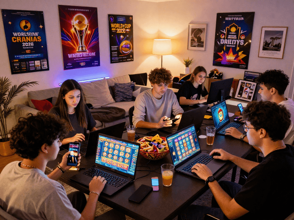 Enthusiastic players enjoying Vegas 4D online slot games during World Cup 2026.