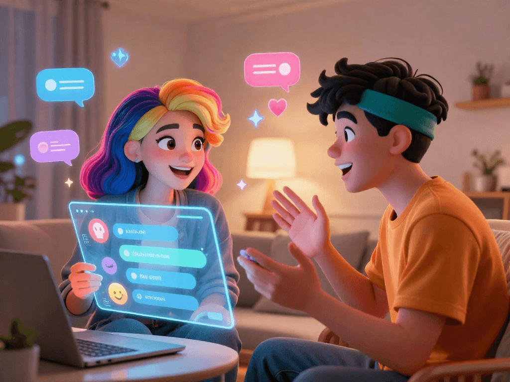 Engaging AI porn chat avatars interacting in a vibrant virtual space filled with colorful icons and playful elements.
