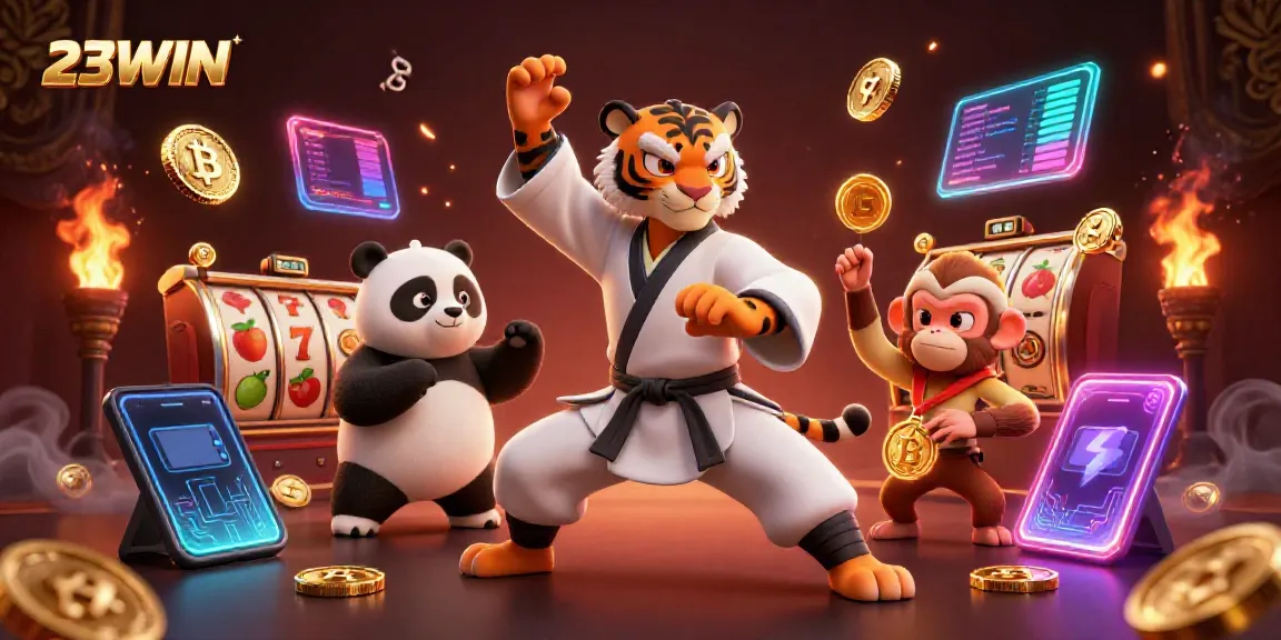 Experience thrilling wins at 23WIN with a kung fu tiger and friends amidst vibrant slot game elements.