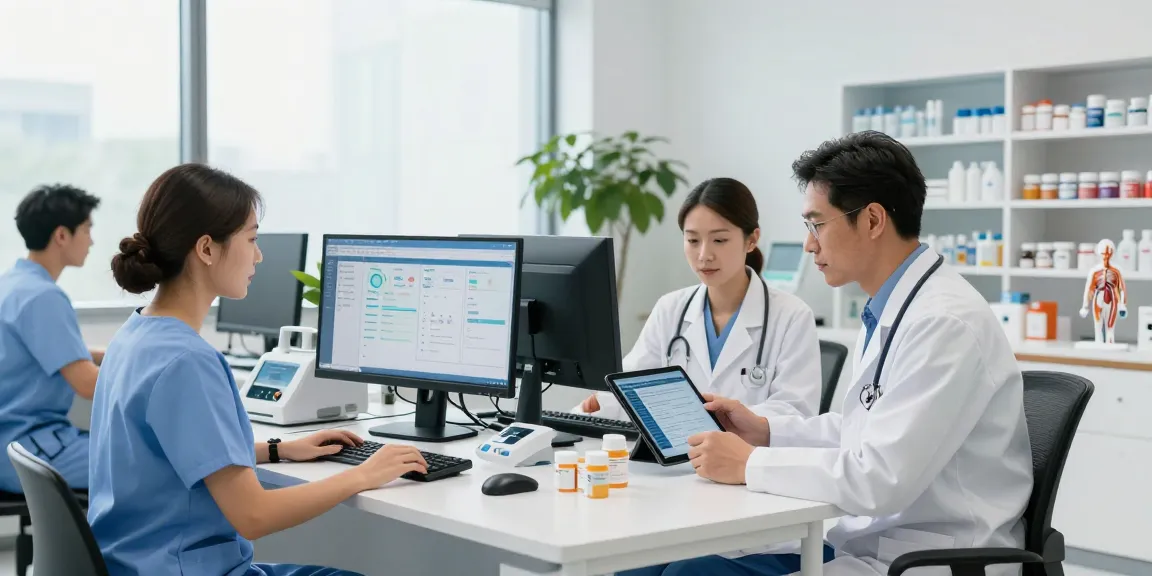 Healthcare professionals collaborating on patient management systems while discussing login DRAGON222 in a modern medical office.