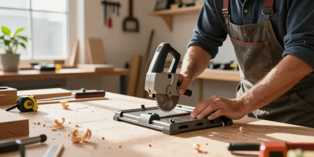 Craftsman using a hand mitre saw in a woodworking shop.