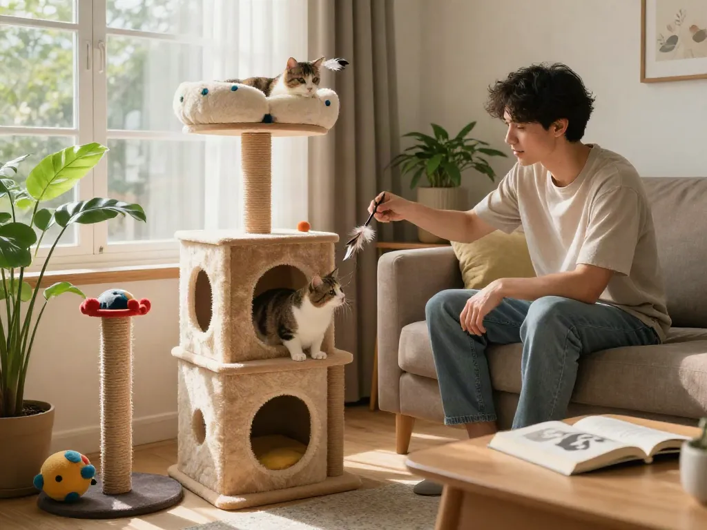 Cat tower in a cozy living room with a playful cat and owner.