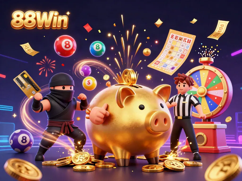 Celebrate with 88Win as vibrant casino characters engage in winning lottery excitement!