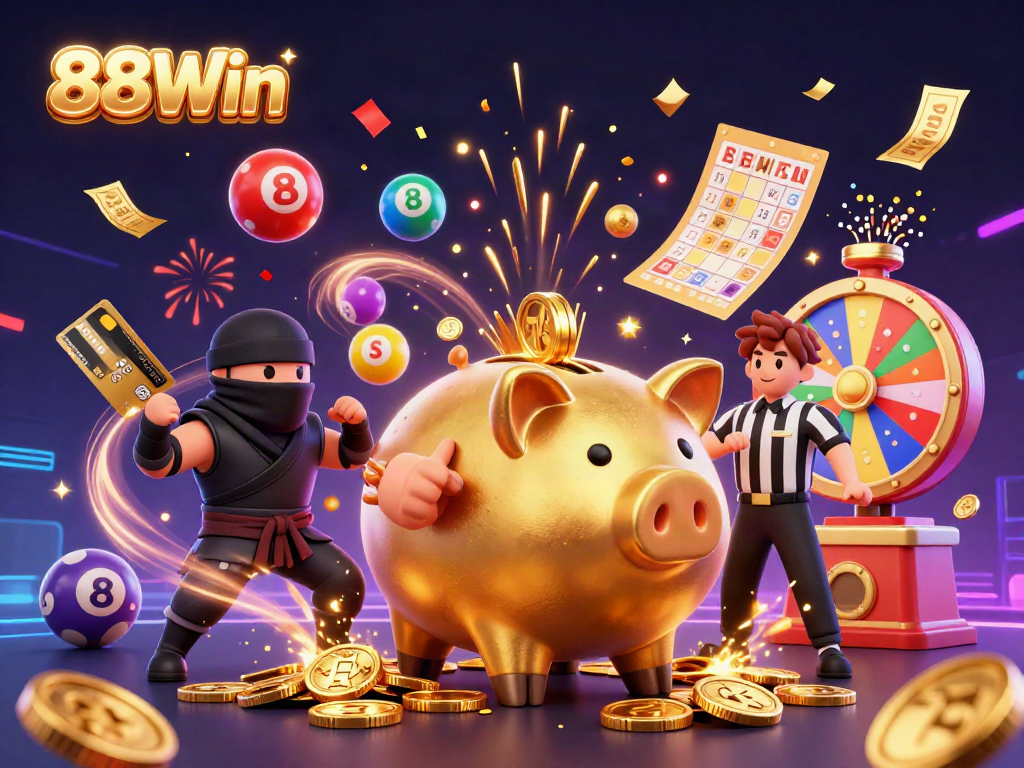 Celebrate with 88Win as vibrant casino characters engage in winning lottery excitement!