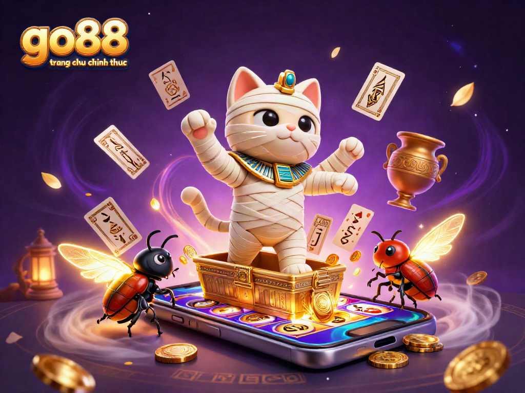 Experience the go88 trang chu chinh thuc with dynamic 3D casino illustration featuring a mummy and scarab.