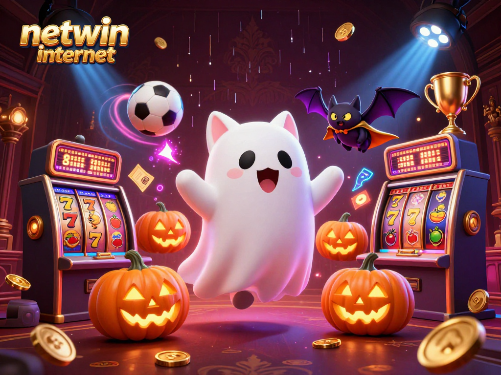Engage in thrilling wins with netwin internet at a haunted casino mansion featuring a ghost cat and glowing jack-o-lanterns.