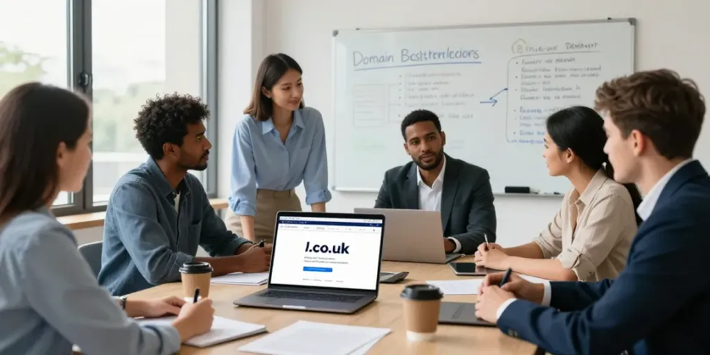 Team collaborating to register .co.uk domain name with UKName, engaging workspace