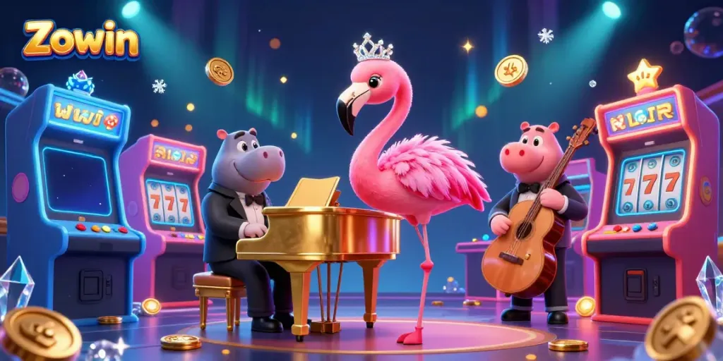 Experience Zowin's lively gaming atmosphere with vibrant characters and exciting casino elements