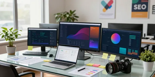 Digital marketer analyzing instant indexing performance metrics in a modern office.