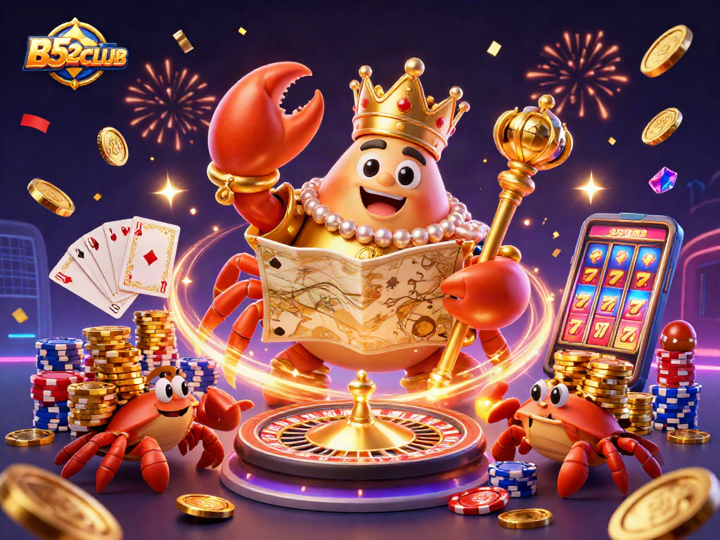 B52CLUB promo illustration showcasing golden crab emperor and casino treasures in action.