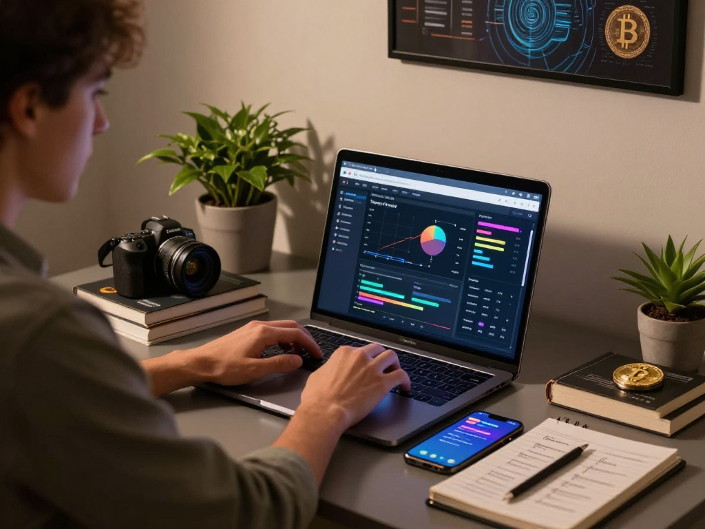 Focused cryptocurrency user engaging with tornardocash platform in a modern home office setting.