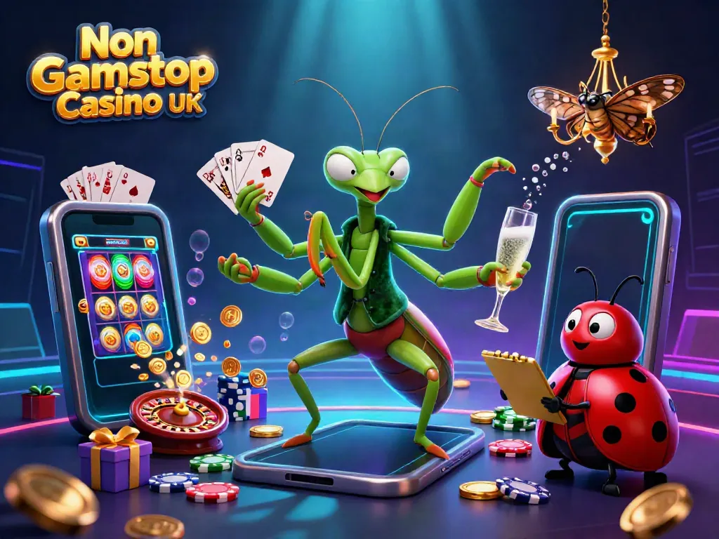 Engaging scene depicting Non Gamstop Casino UK with dynamic cartoon characters in a vibrant casino setting.