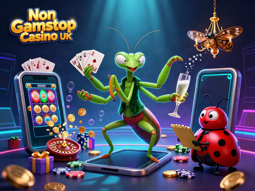 Engaging scene depicting Non Gamstop Casino UK with dynamic cartoon characters in a vibrant casino setting.