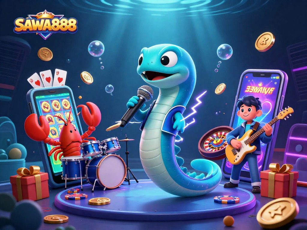 SAWA888 showcases an electric eel DJ in a vibrant underwater casino scene with dynamic game effects.