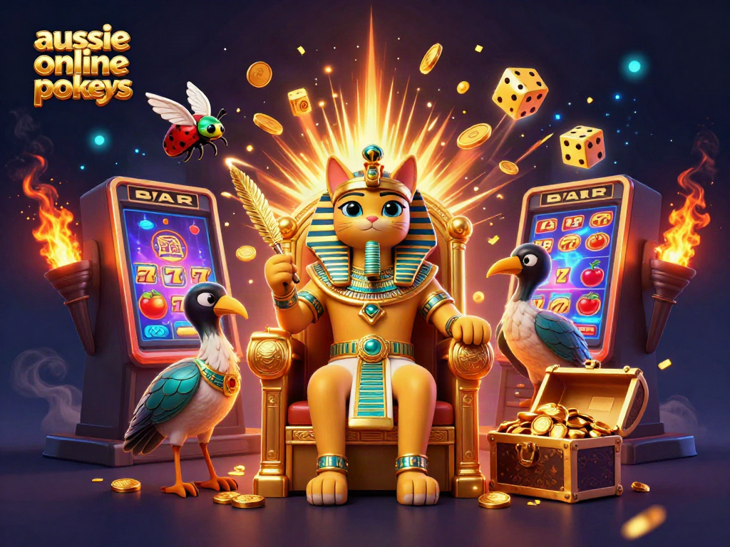 Engage with aussie online pokies through this vibrant and dynamic casino scene illustration.