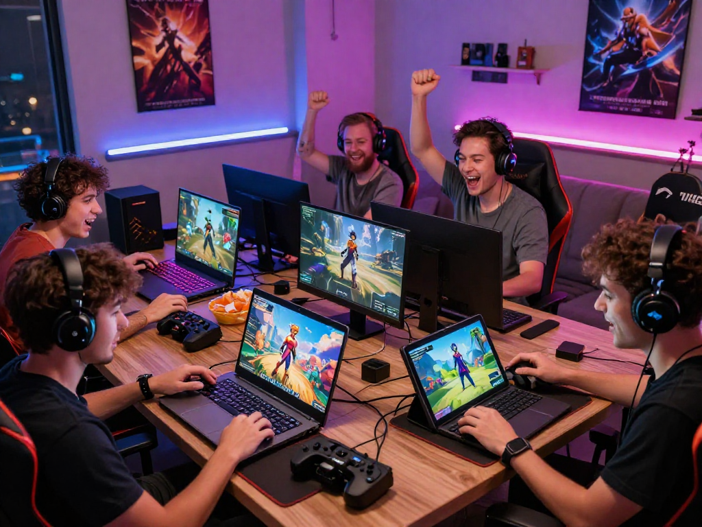 Group of gamers enjoying interactive adult games, showcasing excitement and technology.