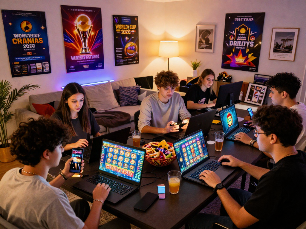 Enthusiastic players enjoying Vegas 4D online slot games during World Cup 2026.
