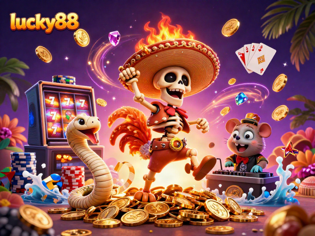 Experience lucky88 excitement as a dancing rooster, mummy snake, and DJ hamster celebrate casino wins.