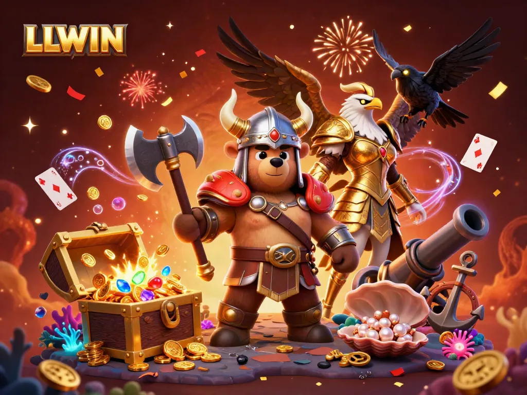 Engaging LLWIN themed 3D illustration featuring Viking and Valkyrie characters in a dynamic casino scene with sparkling elements.