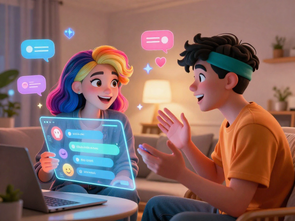 Engaging AI porn chat avatars interacting in a vibrant virtual space filled with colorful icons and playful elements.