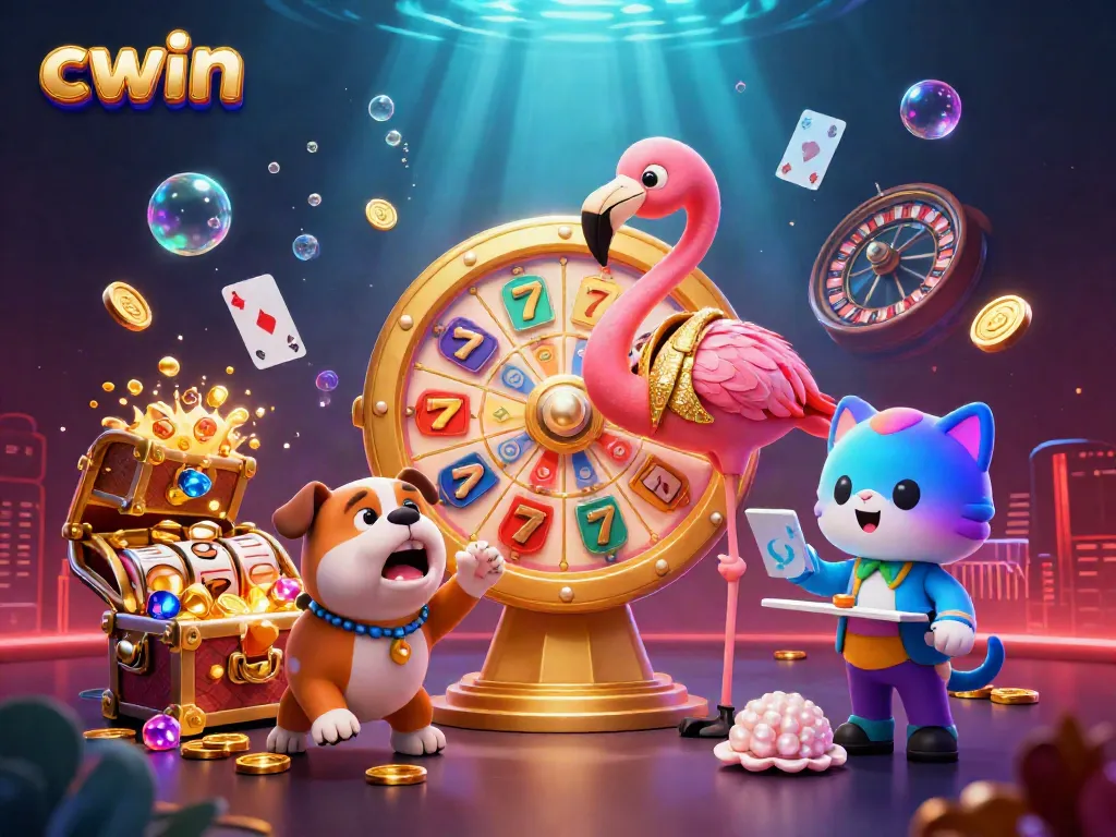 Cwin's vibrant online casino experience illustrated with characters in a dynamic setting featuring slot reels and a prize wheel.