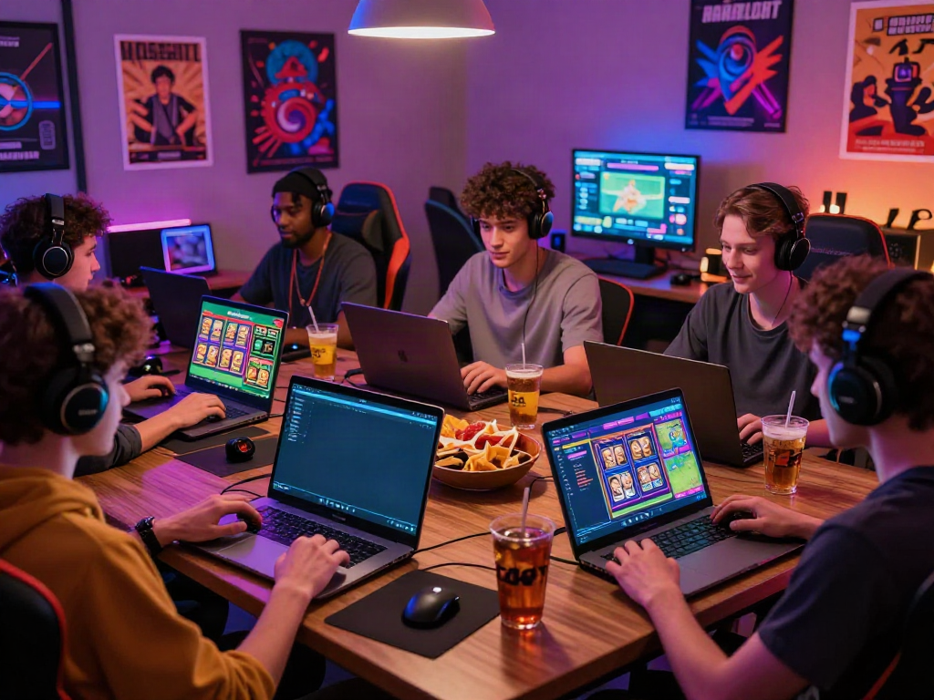 Players enjoying DEBET online gaming experience with colorful screens and vibrant atmosphere.