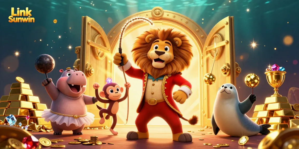 Engage with Link Sunwin in this dynamic circus-themed 3D illustration featuring vibrant casino elements.