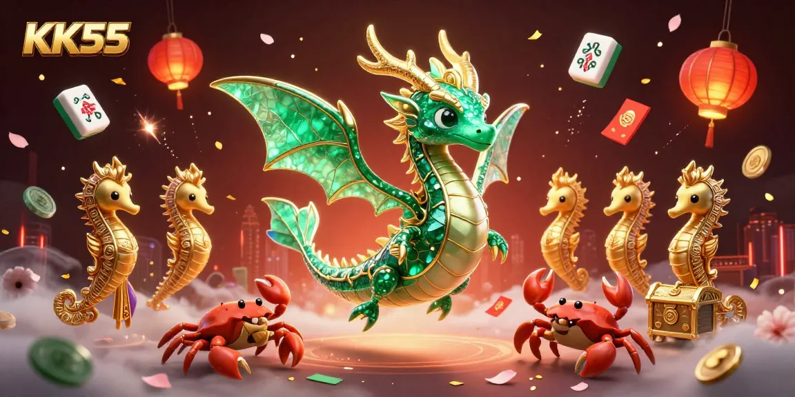 Engage with KK55's exciting casino adventure featuring a majestic sea dragon amidst vibrant gaming elements.