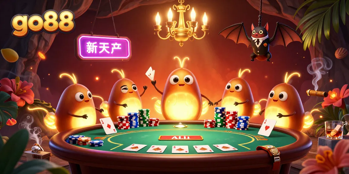 Experience go88's lively gaming atmosphere with vibrant glowworms lighting the casino and festive poker scene.