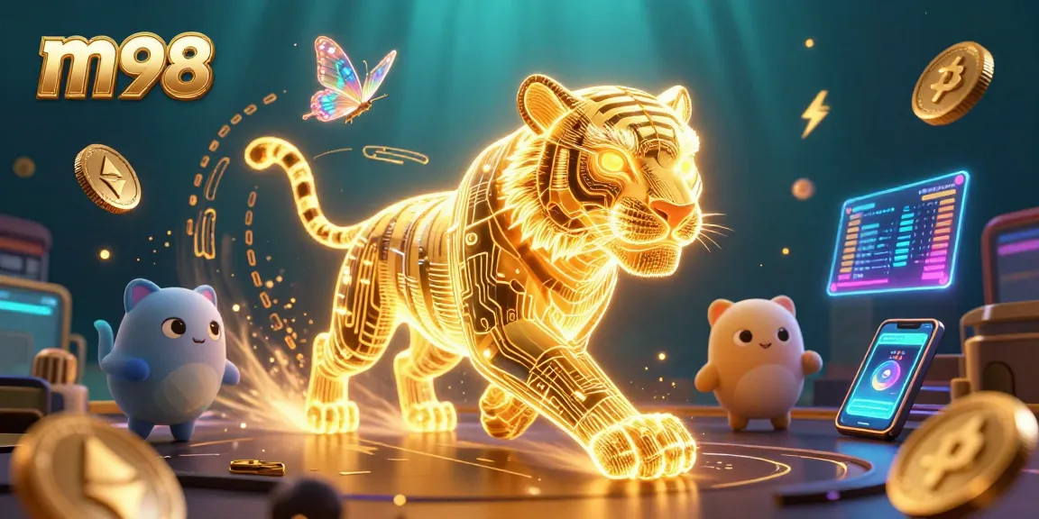 Experience the electrifying thrill of m98 with a golden tiger in a vibrant digital casino.