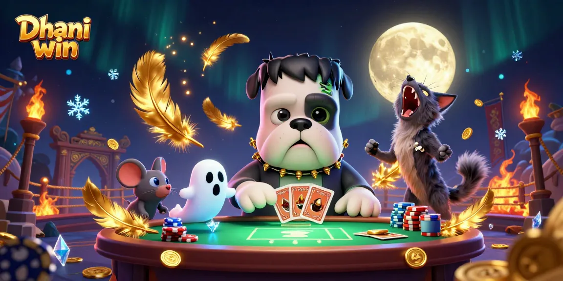 Dhani win gaming scene featuring a lively 3D bulldog monster dealing cards with vibrant casino elements.