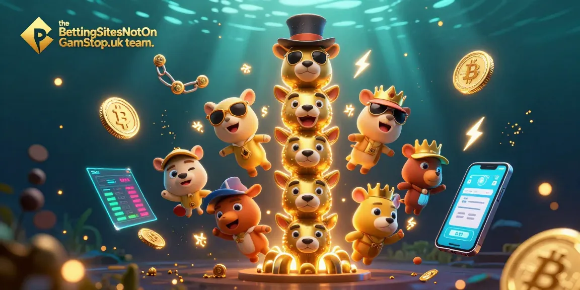 The BettingSitesNotOnGamStop.uk team showcases a vibrant totem pole amidst crypto coins and casino elements.