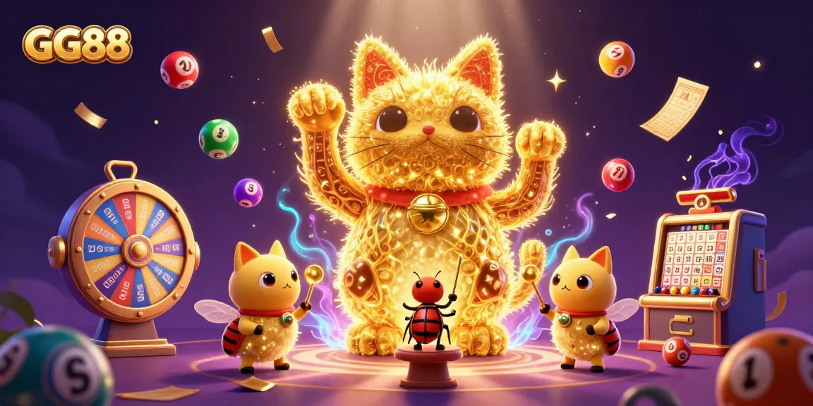 Experience thrilling gaming at GG88 with colorful lottery balls and a lucky cat illustration.