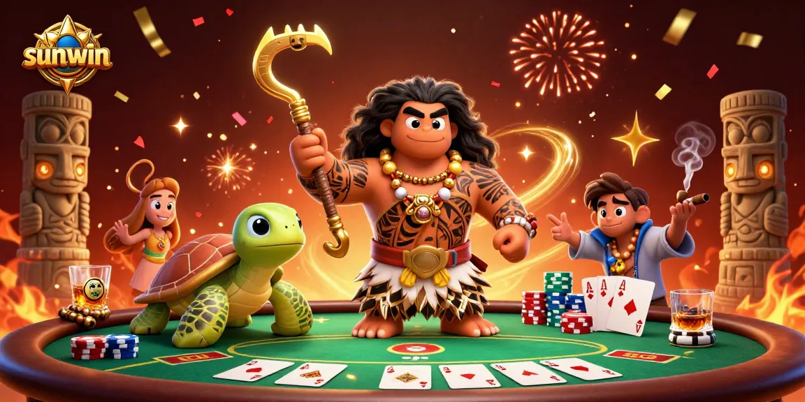 Experience thrilling poker action with sunwin's bold 3D illustration showing vibrant characters and casino elements.