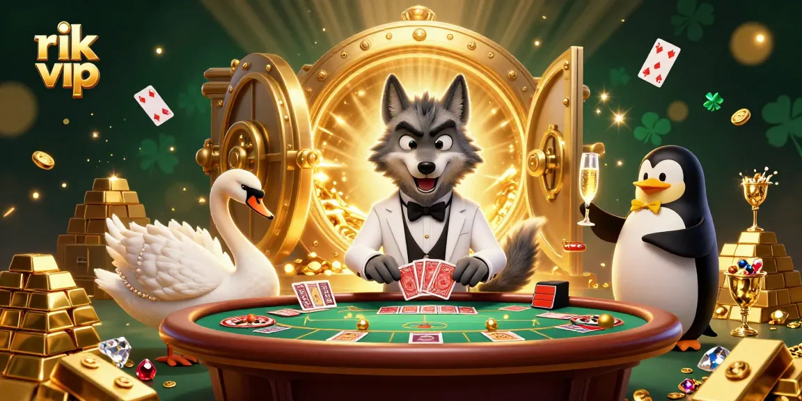 Experience exciting action at rik vip with a charming wolf, swan, and penguin in a captivating casino scene.