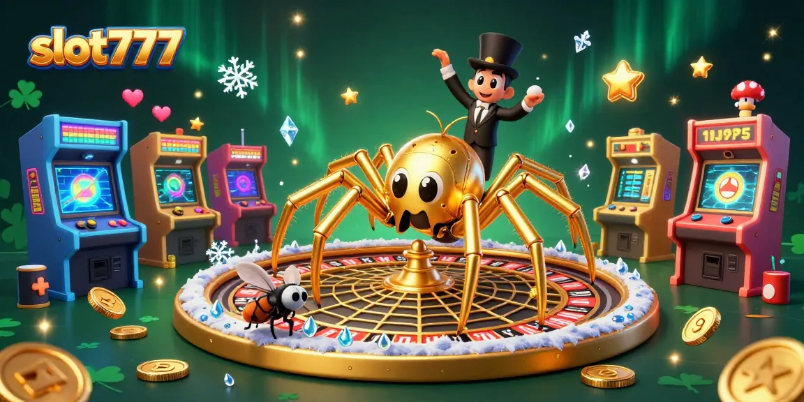 Engage with slot777 as a golden spider weaves a roulette wheel amidst gaming elements.